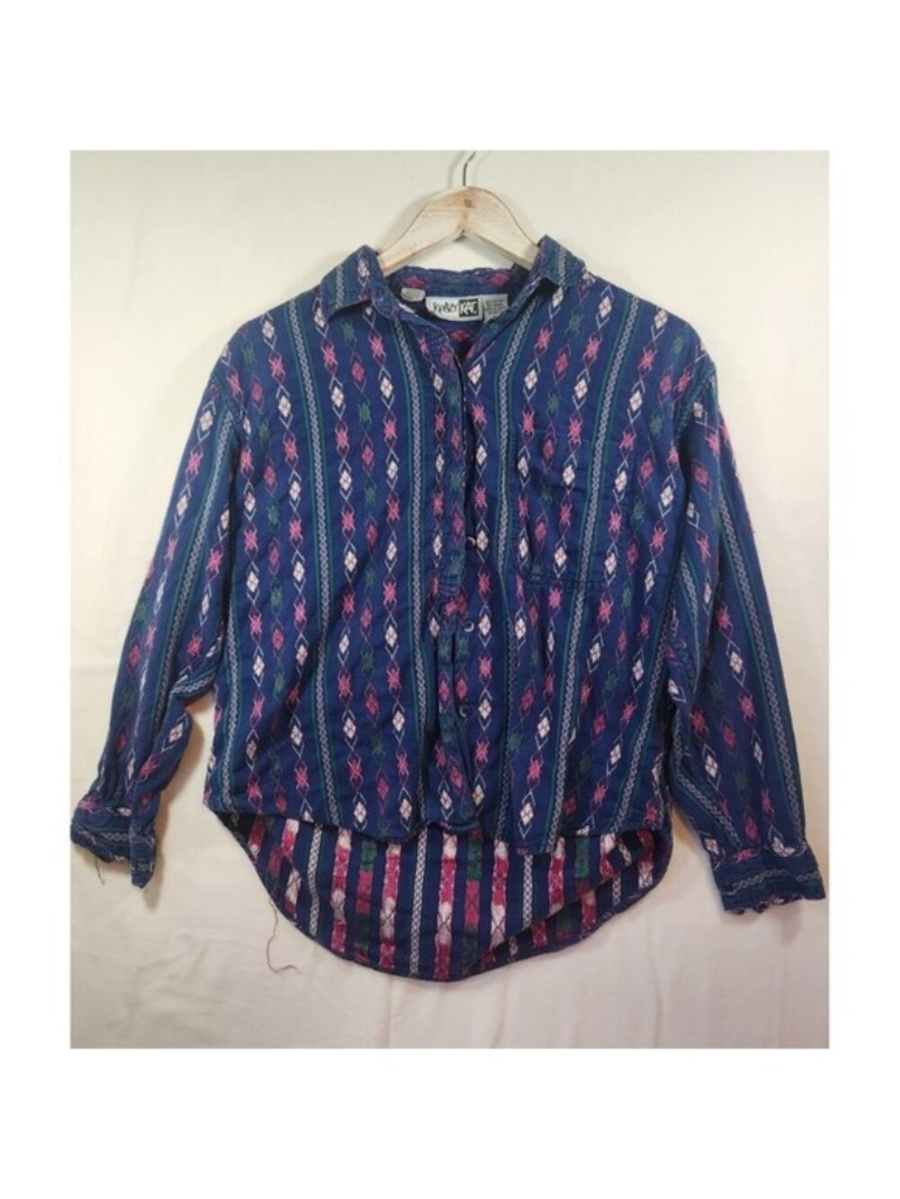Krazy Kat Vintage Blue Geometric Diamond Stripe Button Down Shirt Womens Medium
